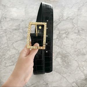 Black Croc Skin Belt with Gold Buckle